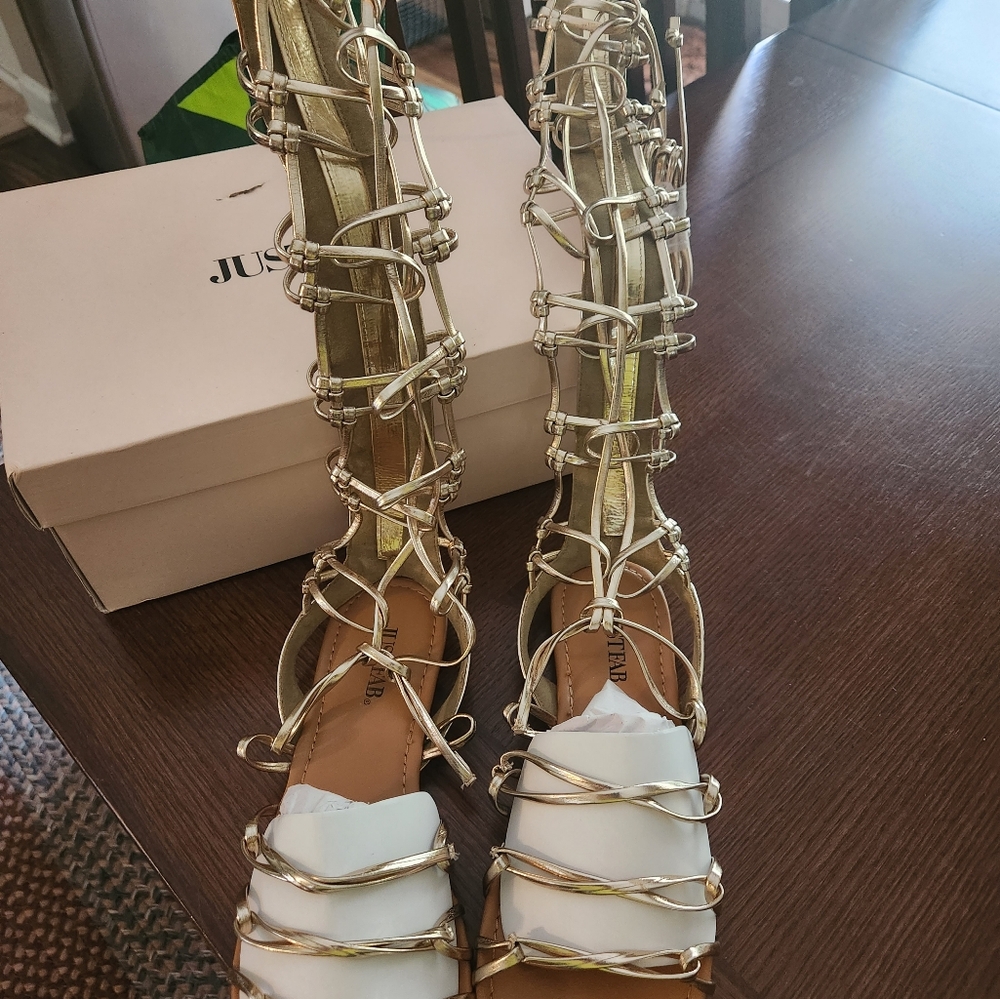 JustFab "Earnesta" Gold Strappy Sandals with Modern Gladiator Design